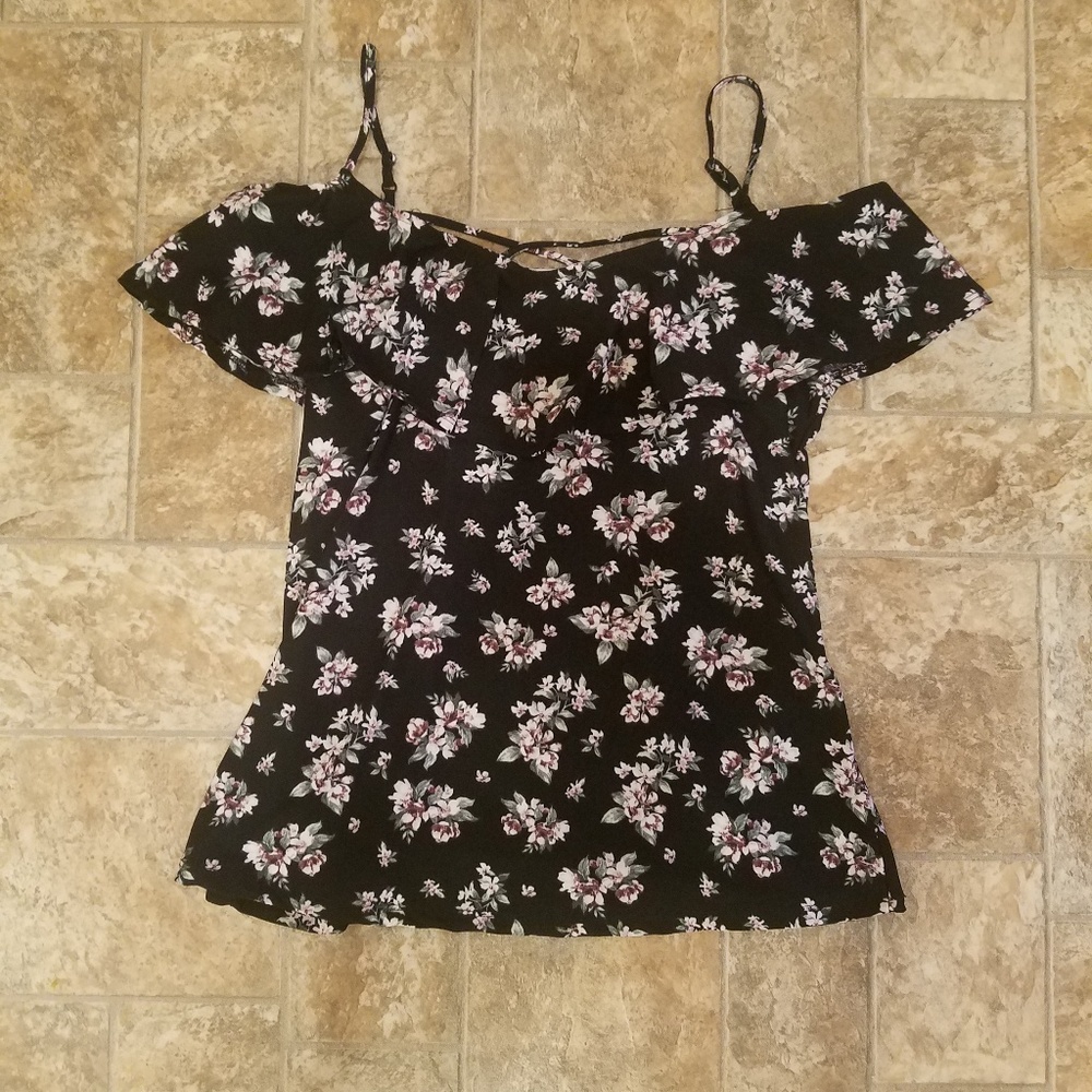 Black Floral Cold Shoulder Top